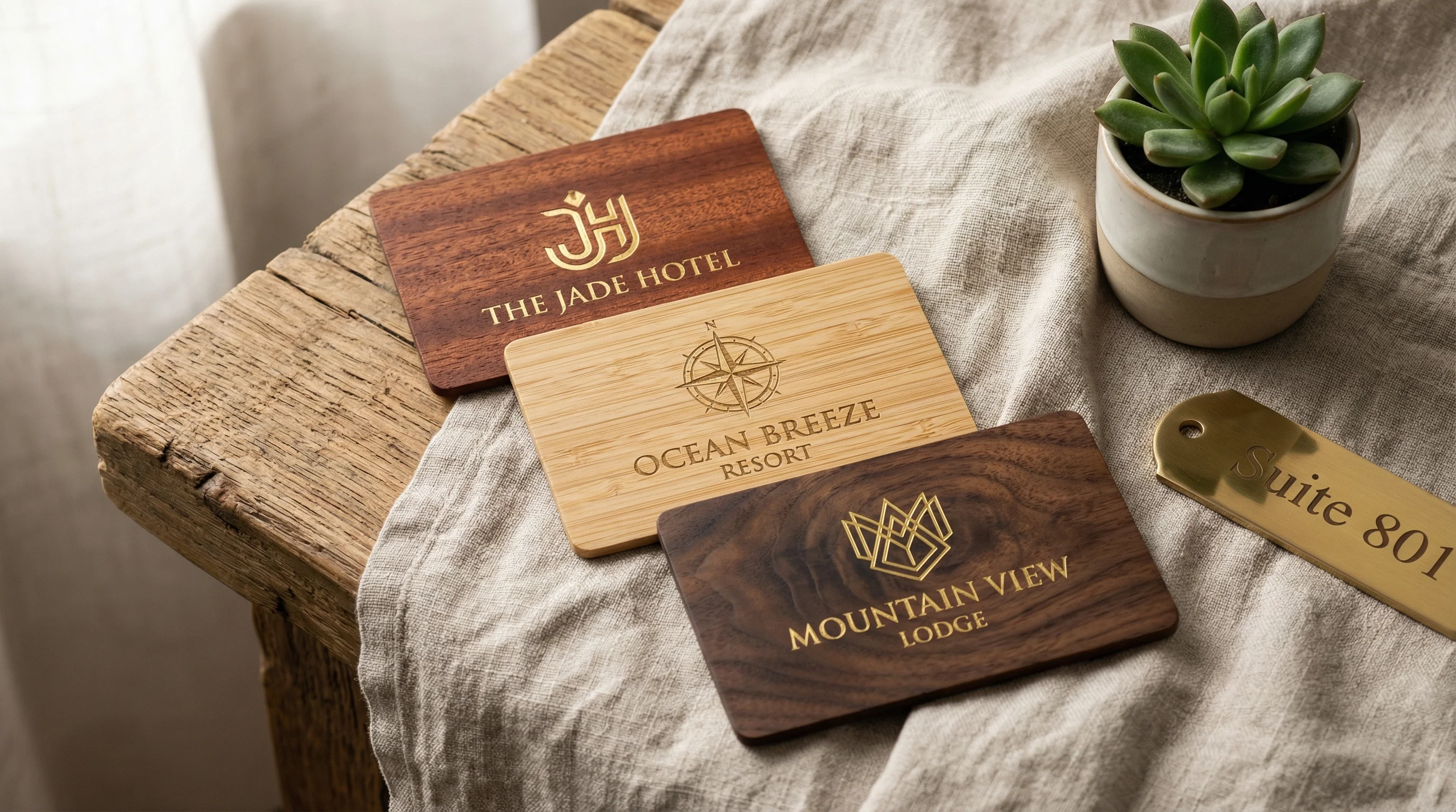 Three wooden RFID hotel key cards from luxury hotel brands on linen cloth