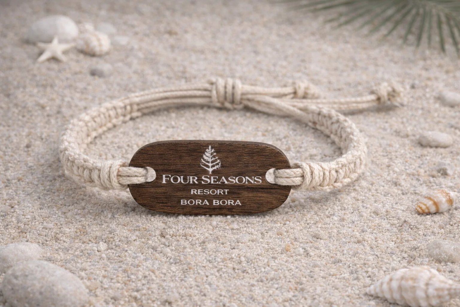 Wooden RFID wristband Four Seasons Bora Bora eco-friendly resort access macrame strap