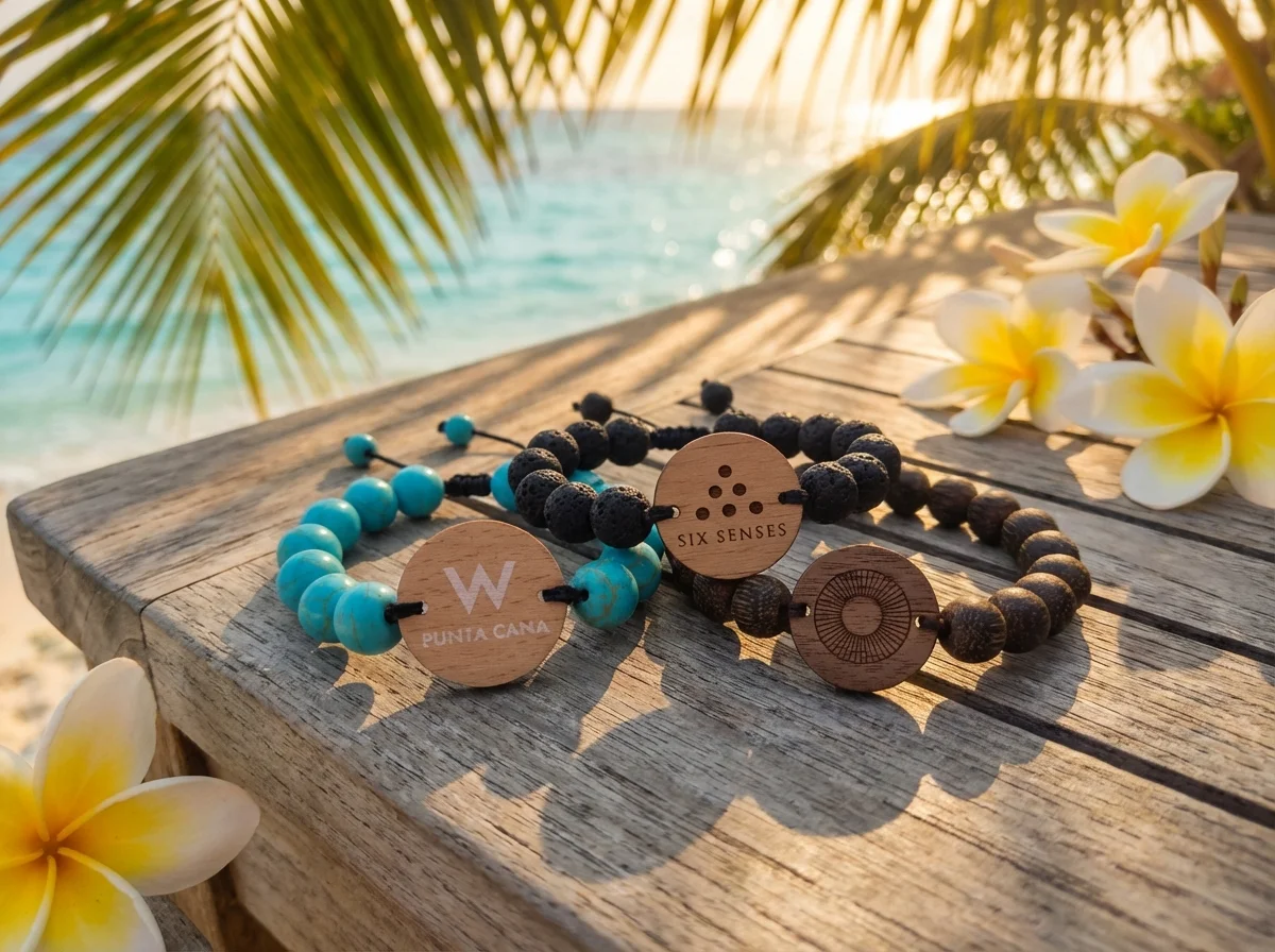Three beaded RFID wristbands with turquoise and lava stone beads on teak wood table at tropical resort with palm fronds, frangipani flowers, and ocean sunset