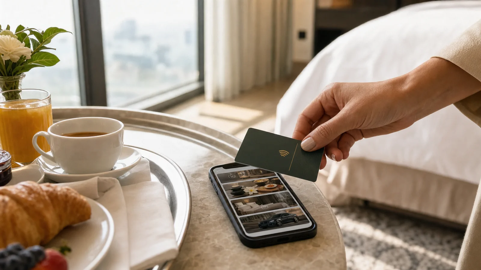 Guest taps a hotel key card above a smartphone concierge page beside a room-service breakfast tray in a luxury suite