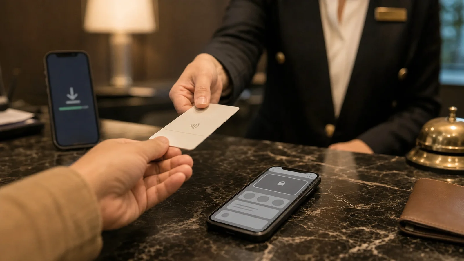 Receptionist handing an NFC hotel key card to a guest while phones show app download and tap-to-open guest experience options