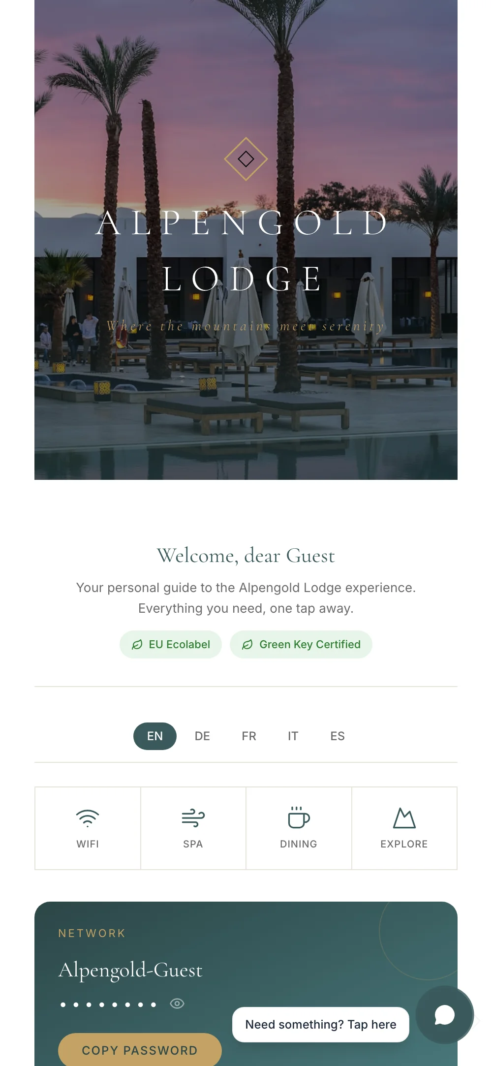 TAP digital guest experience — branded AI concierge page on a smartphone